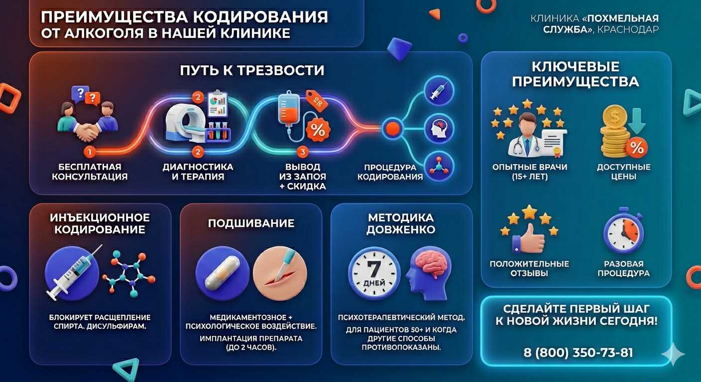 Инфографика о методах кодирования от алкоголя в Верхнем Тагиле: инъекции, подшивание, метод Довженко. Преимущества клиники и этапы лечения.