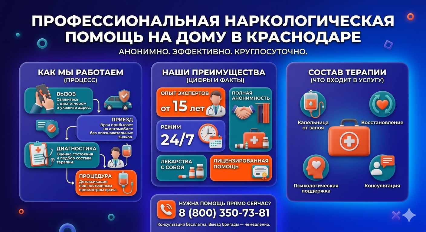 Инфографика о принципах лечения алкоголизма на дому в Верхнем Тагиле: этапы вызова нарколога, преимущества анонимной детоксикации и состав медицинской помощи.